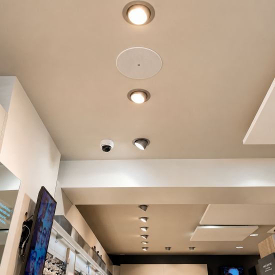 Installation de haut-parleurs Bose encastrés dans un magasin Krys pour une diffusion sonore homogène et discrète.