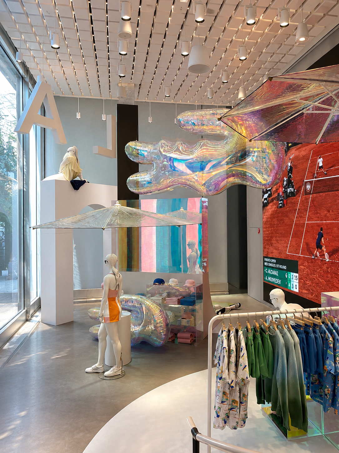 Installation d’enceintes acoustiques suspendues dans le flagship Lacoste, réalisée par BE SMARTHOME (BSH) pour une sonorisation homogène de l’espace de vente.